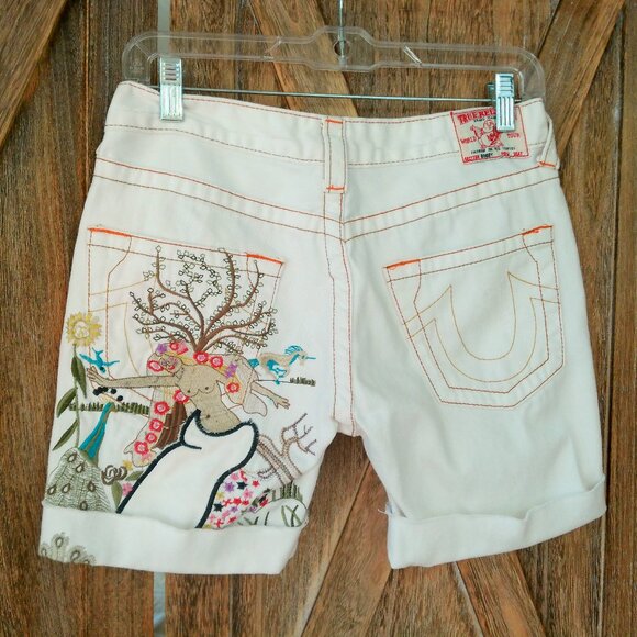 TRUE RELIGION Godiva Bobby Jean Shorts Size 27 White Custom Cut Off Embroidered - Picture 10 of 10